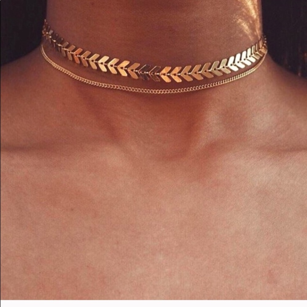 2 Layer Chevron and Chain Gold Choker